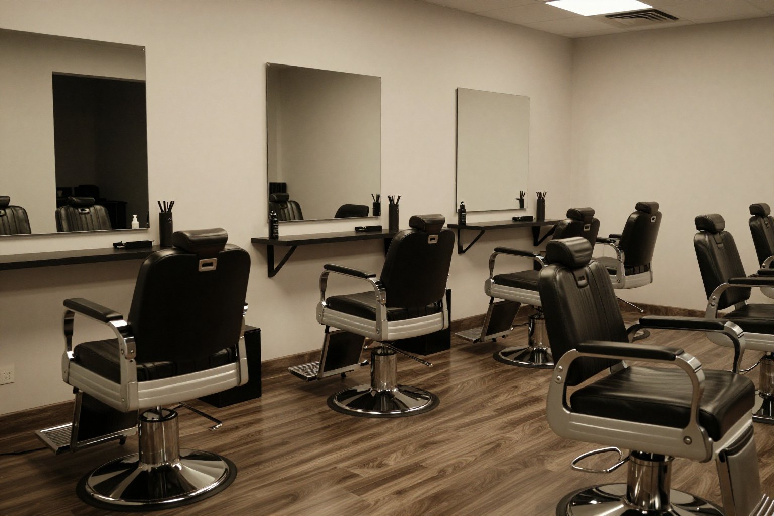 Row of empty barber chairs under warm overhead light