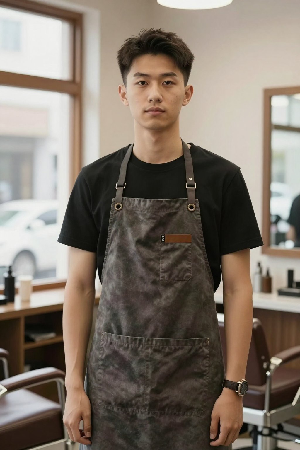 Portrait of a barber in a dark apron with a calm, direct expression