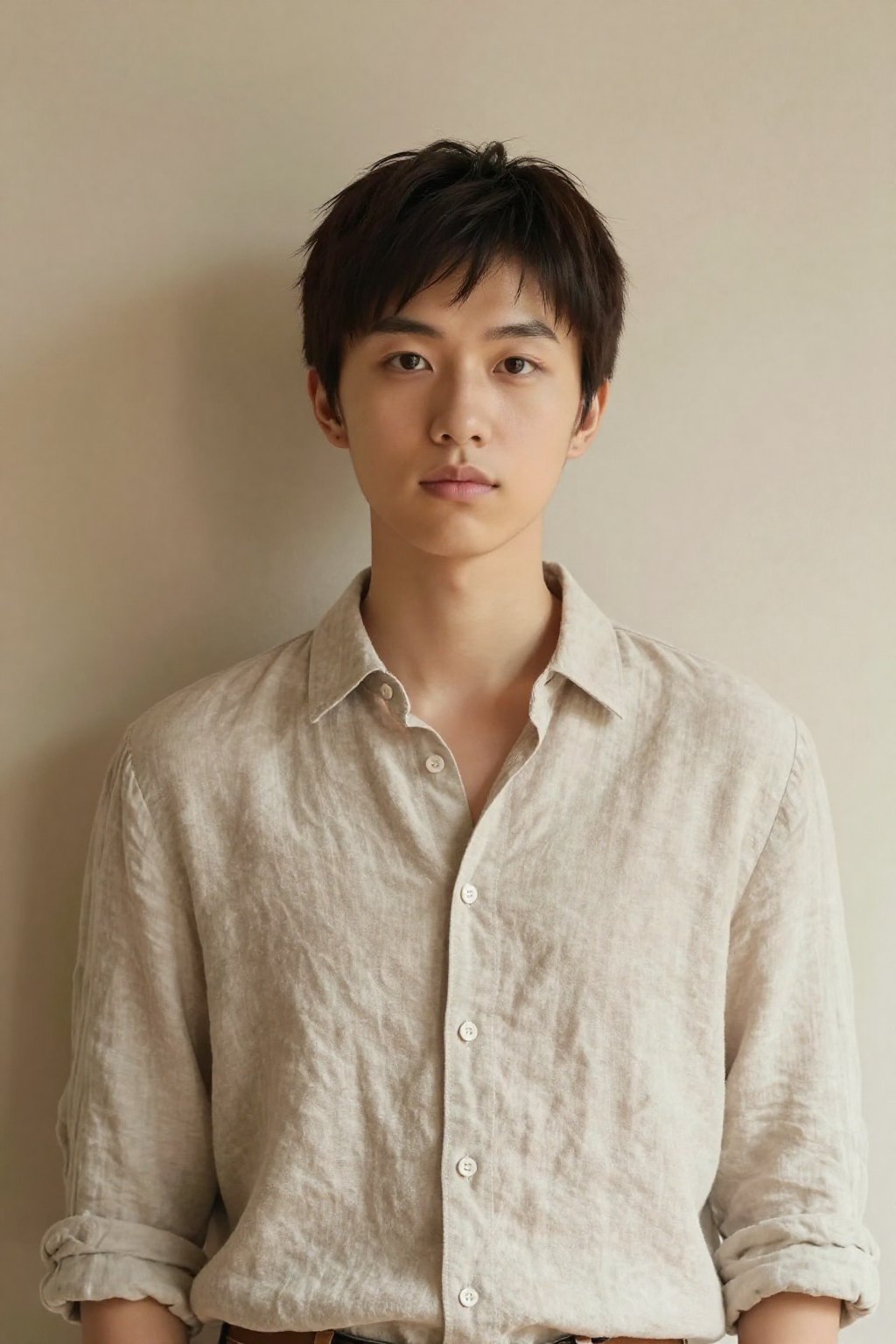 Portrait of a younger stylist in a linen shirt against a plain warm wall