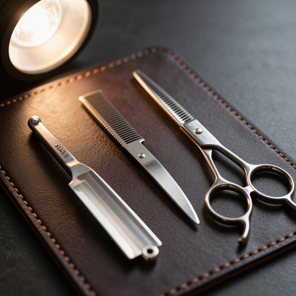 Barbering tools laid out on a worn leather strop in side light
