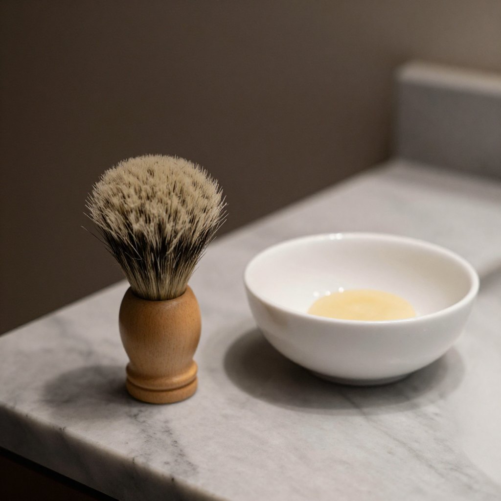 Badger shaving brush resting in a soap bowl on a marble counter