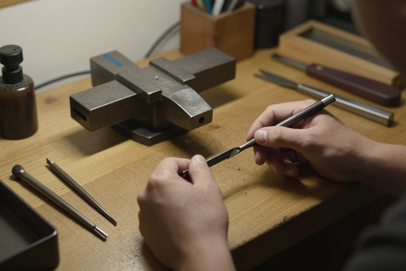 Jeweller's bench with hand tools and a bench peg in warm light