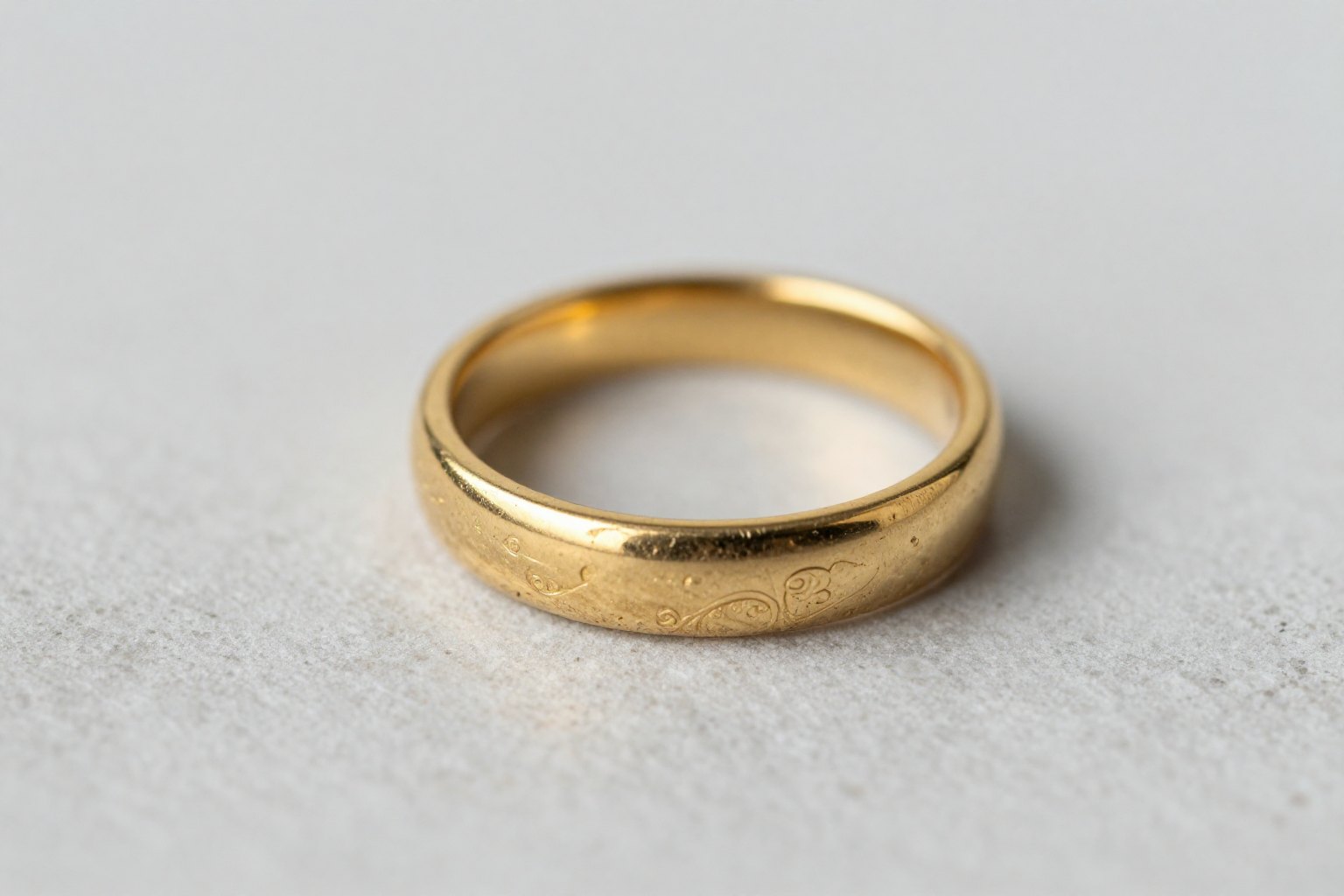 Macro view of a hand-finished gold ring resting on dark stone