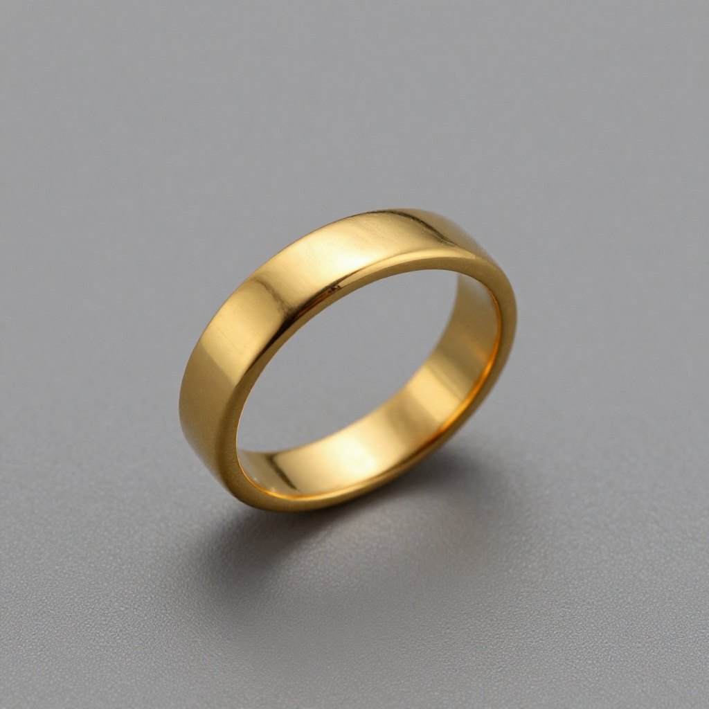 Plain gold band photographed on a neutral grey background