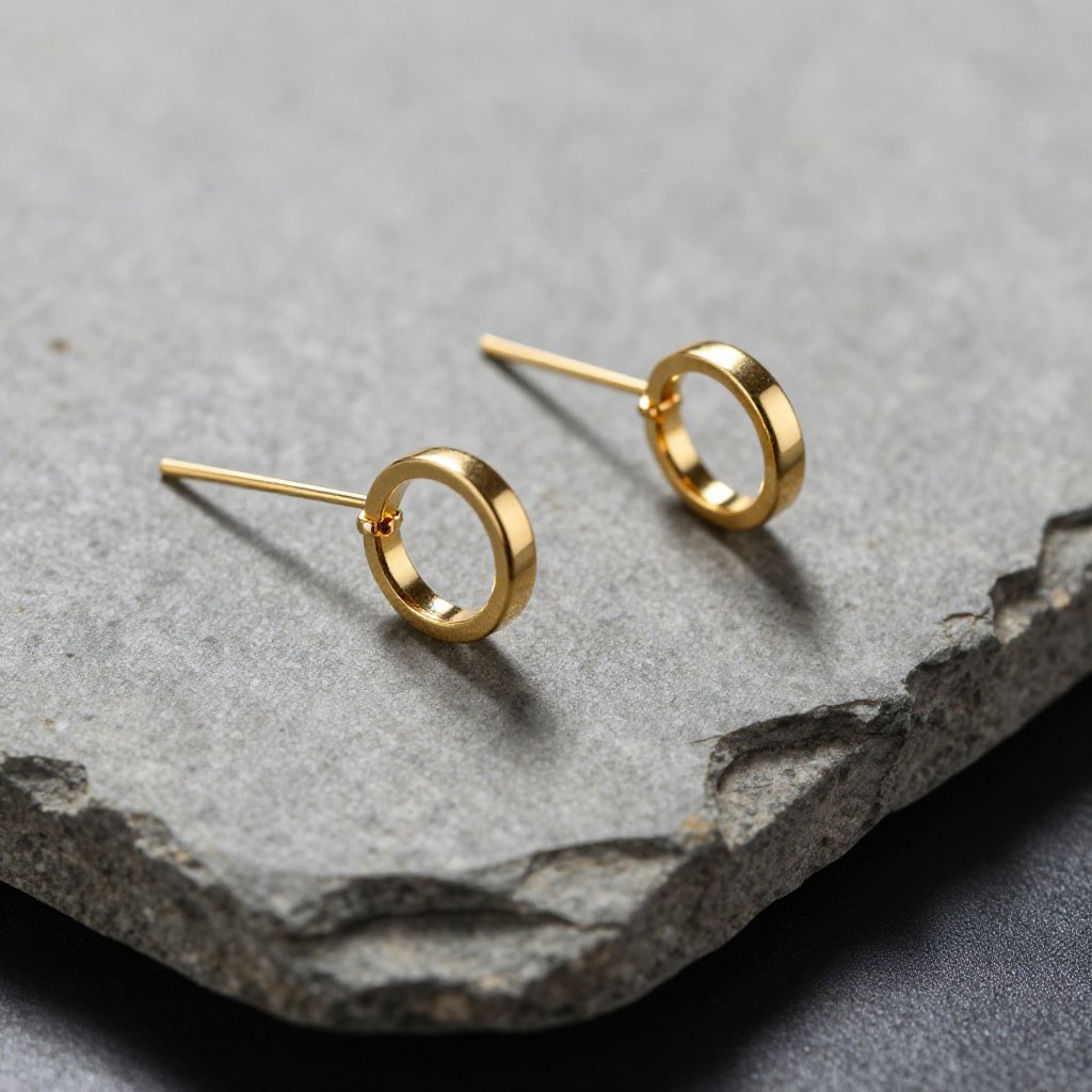 Pair of gold stud earrings resting on a stone slab