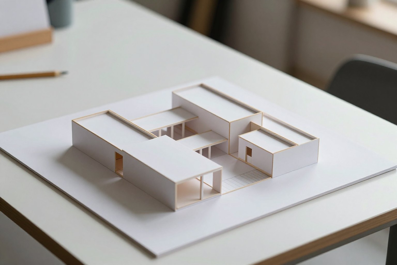 Physical architectural model resting on a studio table
