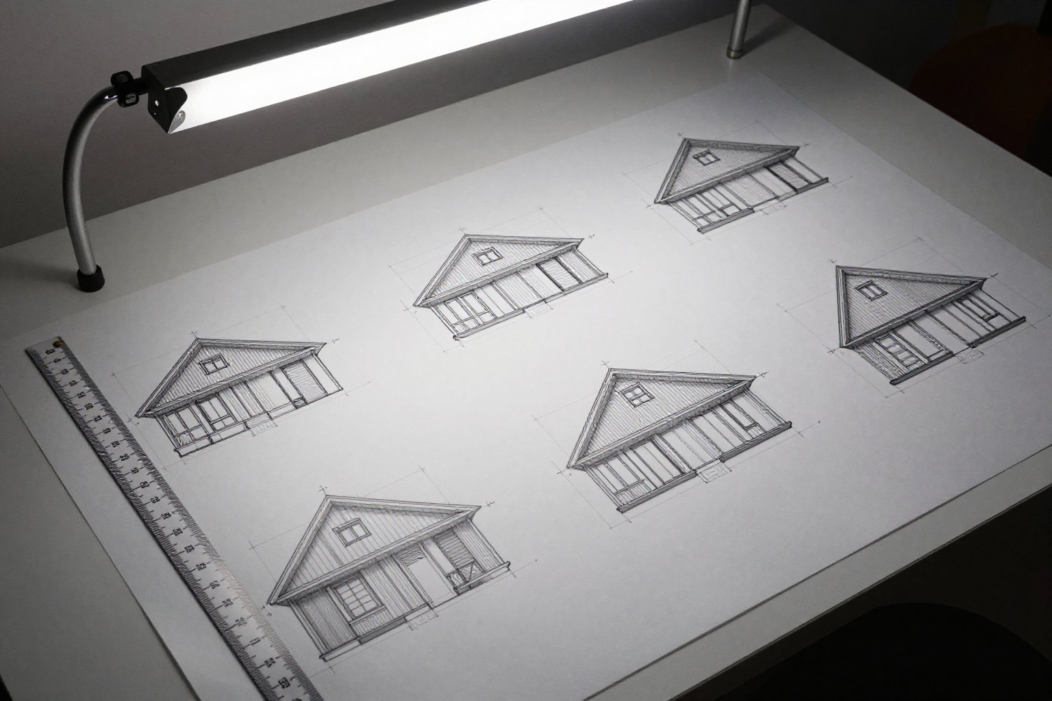Working drawings pinned along a studio wall