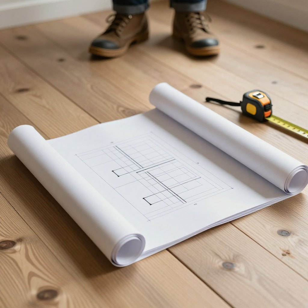 Site visit with drawings unrolled on a timber floor