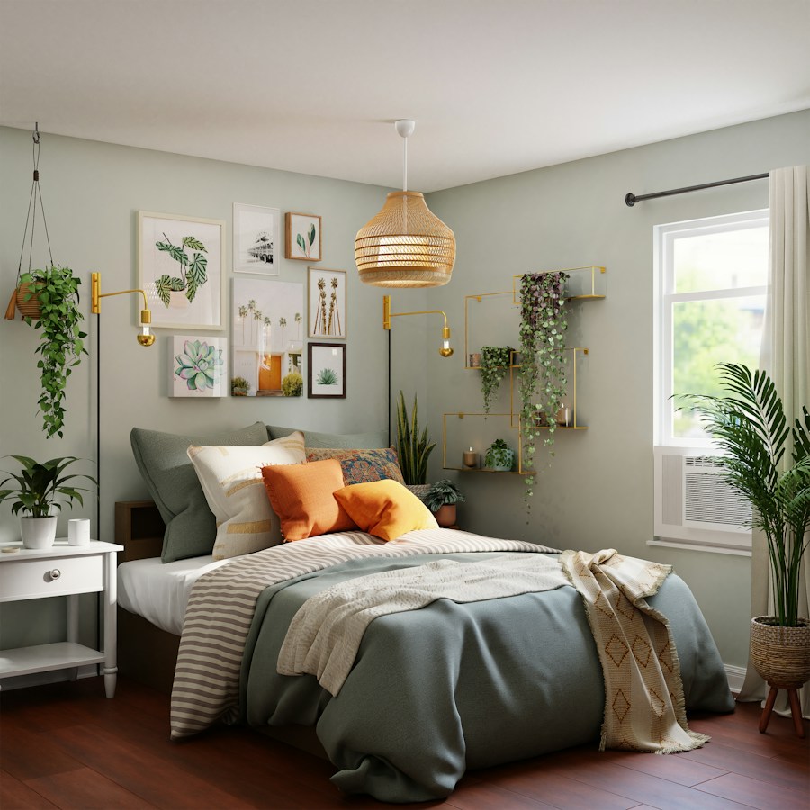Bright bedroom interior with white bedding, wooden headboard and pendant lights