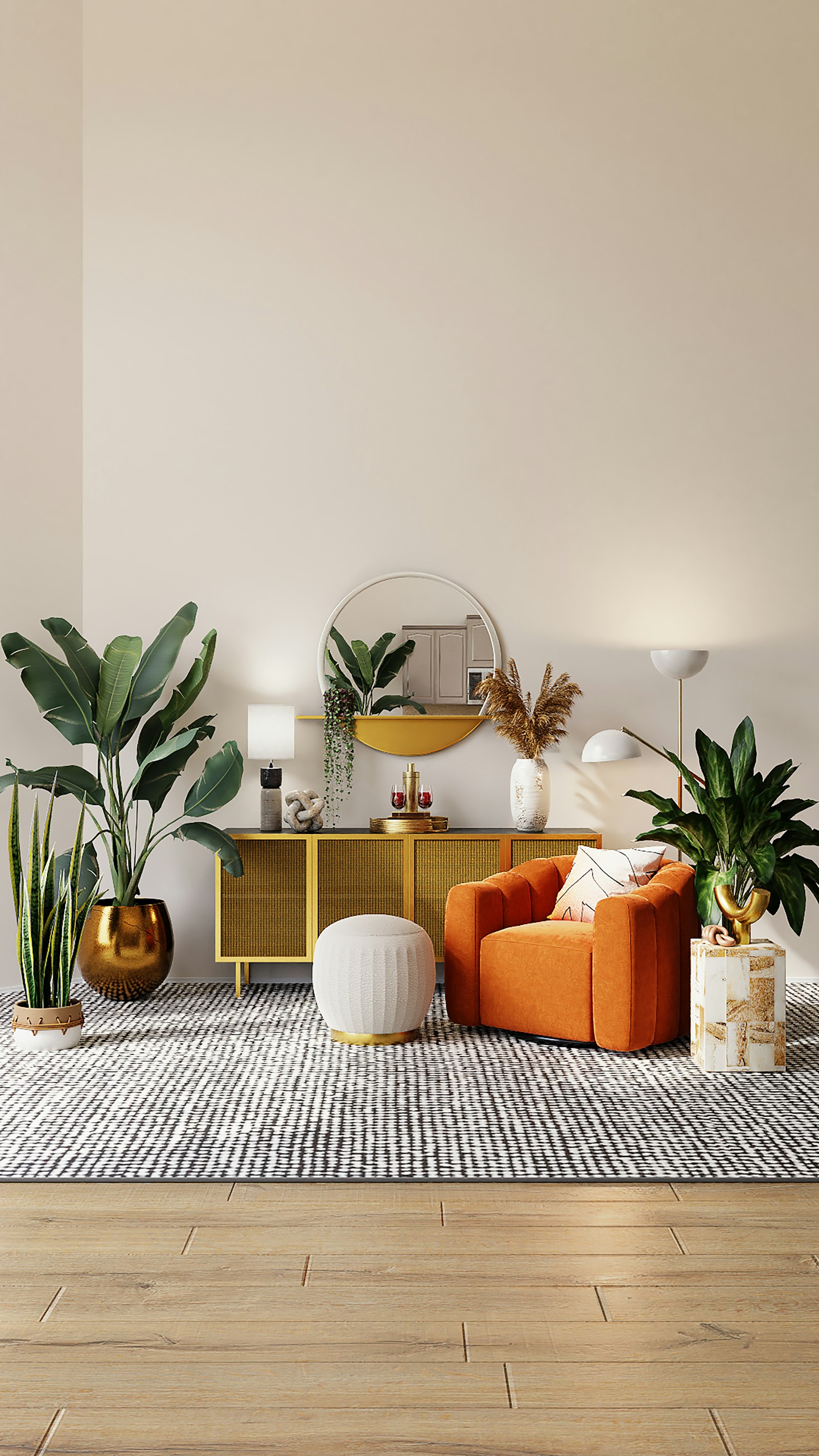 Living room corner with linen sofa and plant